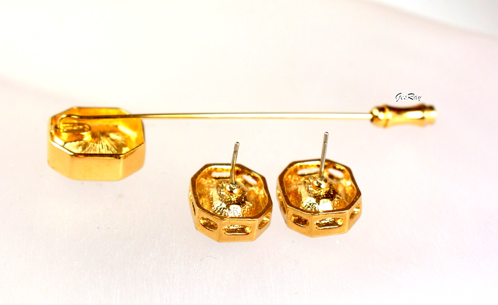 Faux Amethyst Stick Pin & Pierced Earrings Vintage
