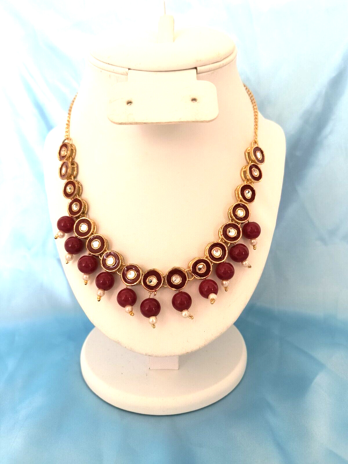 Women’s Statement Necklace Red Gold White Clear Colors with Gold Tone Chain