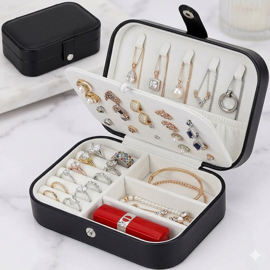 Jewelry Box, Travel Jewelry Organizer Cases with Double Layer for Women’s Black