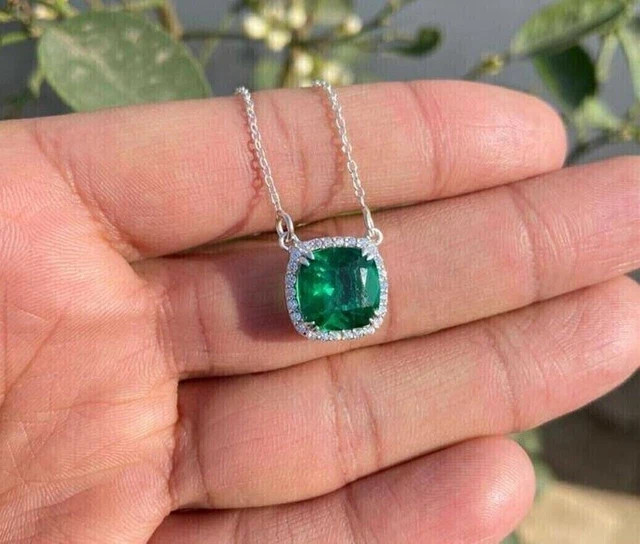 3Ct Cushion Cut Lab-Created Emerald Women’s Pendant 14k White Gold Plated Silver