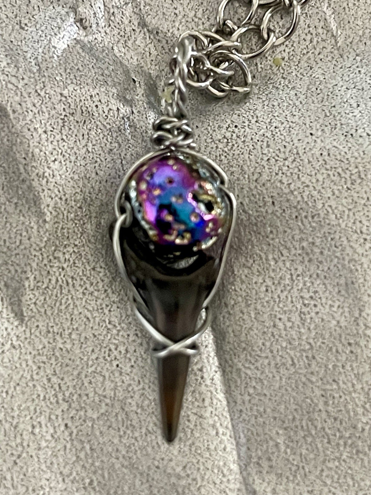 Handcrafted Silver Tone Wire Wrap Amulet Necklace, Round Multicolor Stone