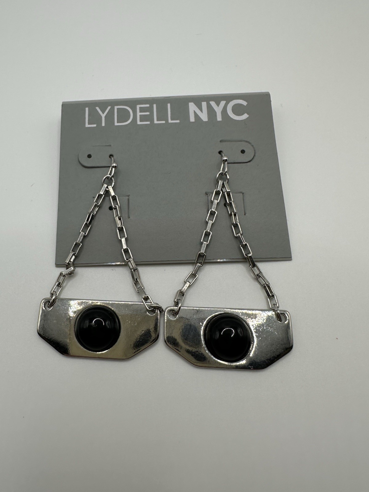 NWT LYDELL NYC Silver Tone Geometric Dangle Chain Earrings W/Black Acrylic Stone