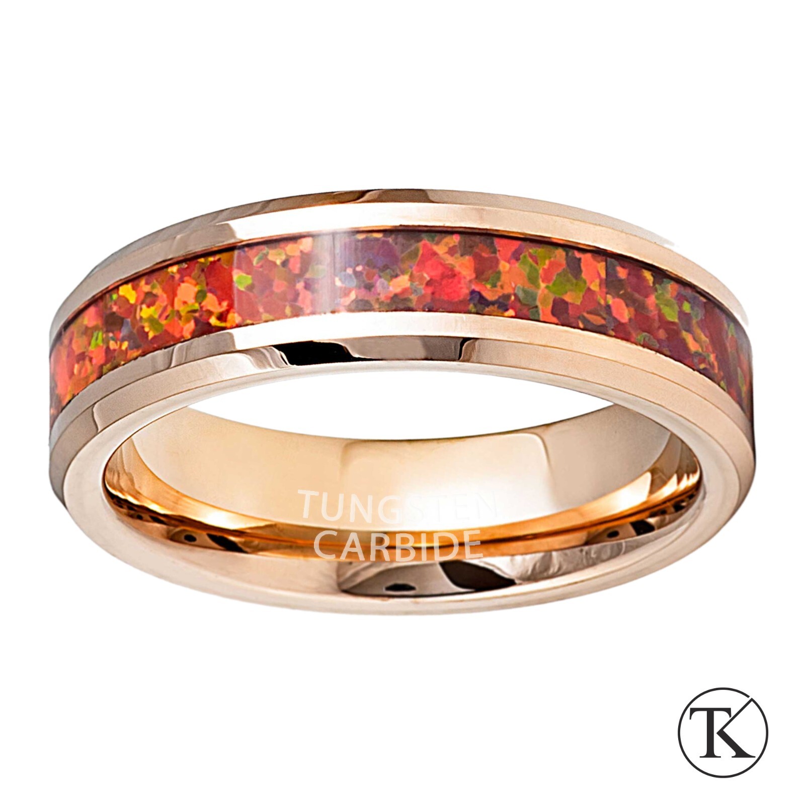 6mm Rose Gold | Black Beveled Edge Tungsten Carbide w/ Red Fire | Emerald Design