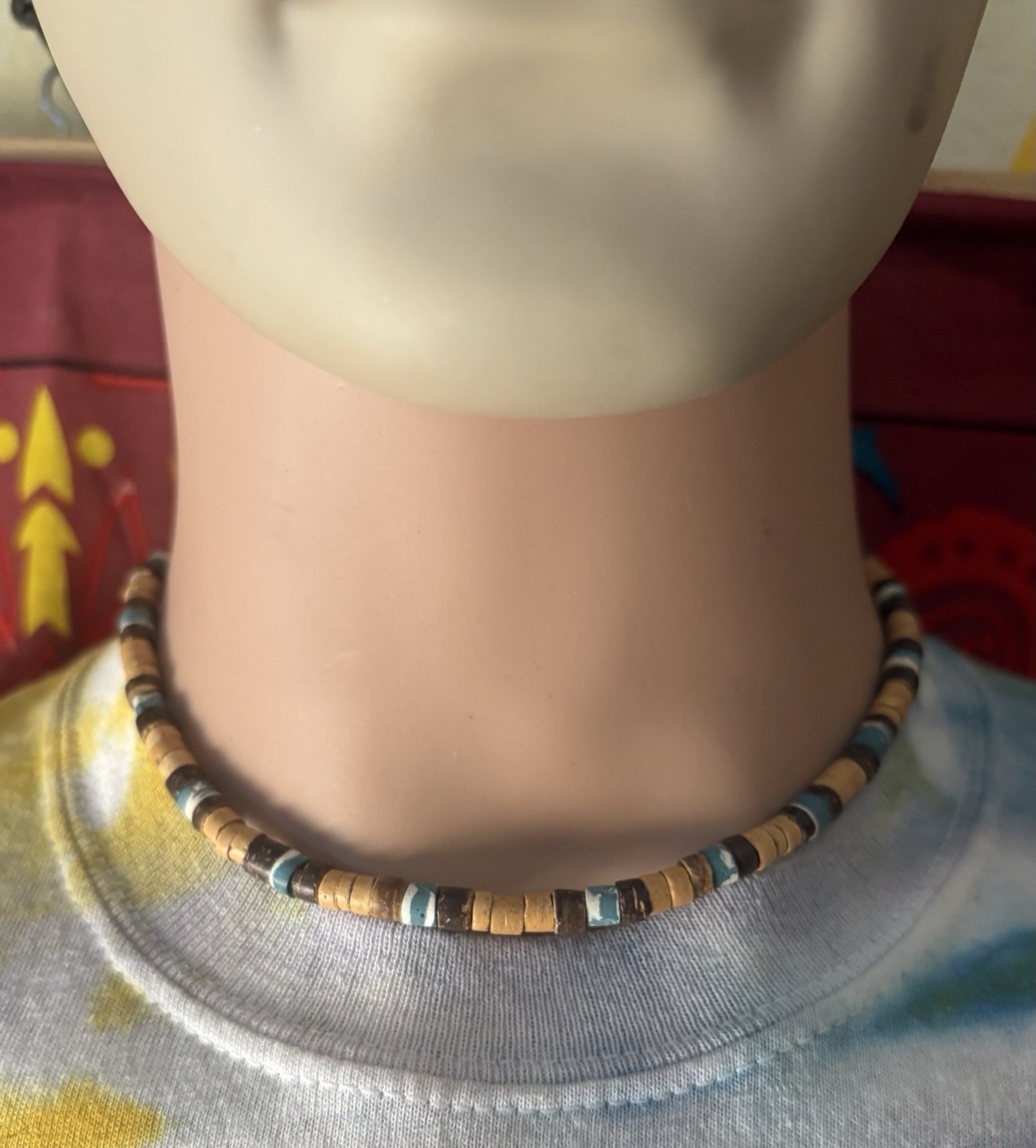 Wood Beaded Necklace Brown Blue White 17 in Ball/Bead Chain Barrel Closure