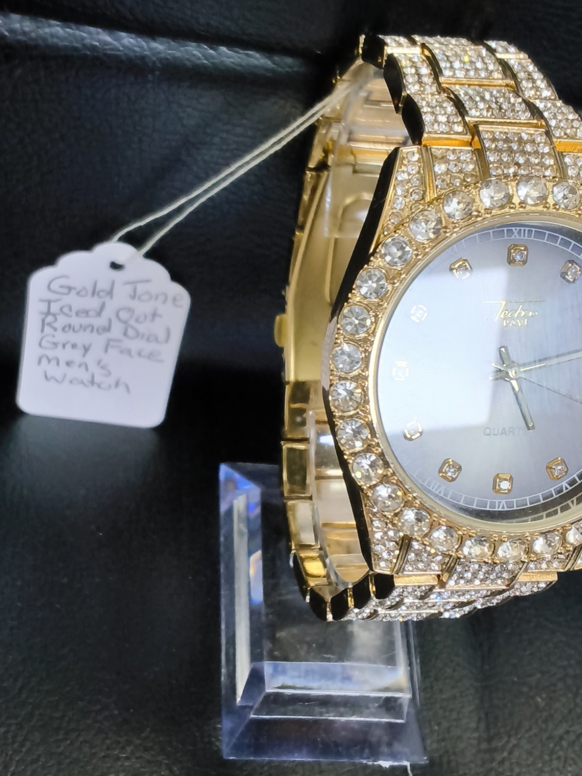 Techno Pave Gold Tone Iced Out Gray Dial Crystal Men’s Quartz Watch…