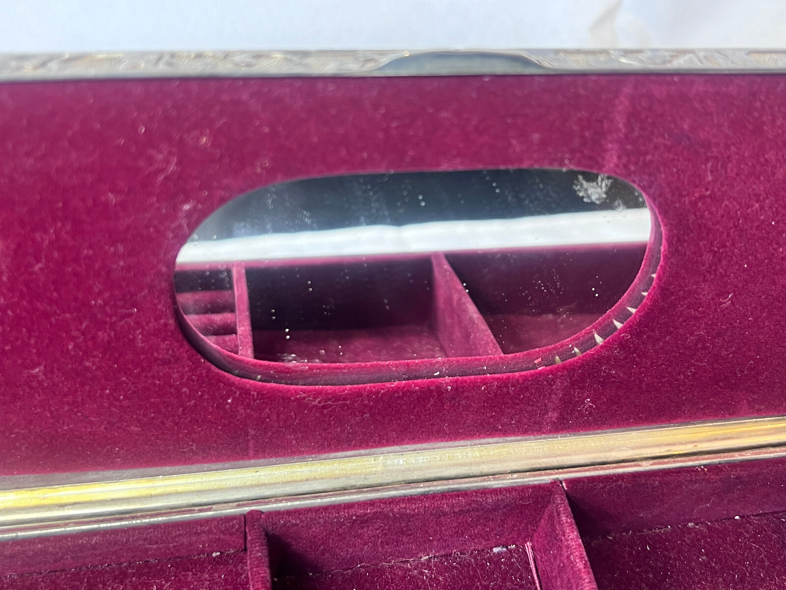 Vtg Silver Tone Jewelry Box Mirrored Dresser Vanity Table Top Lined Case