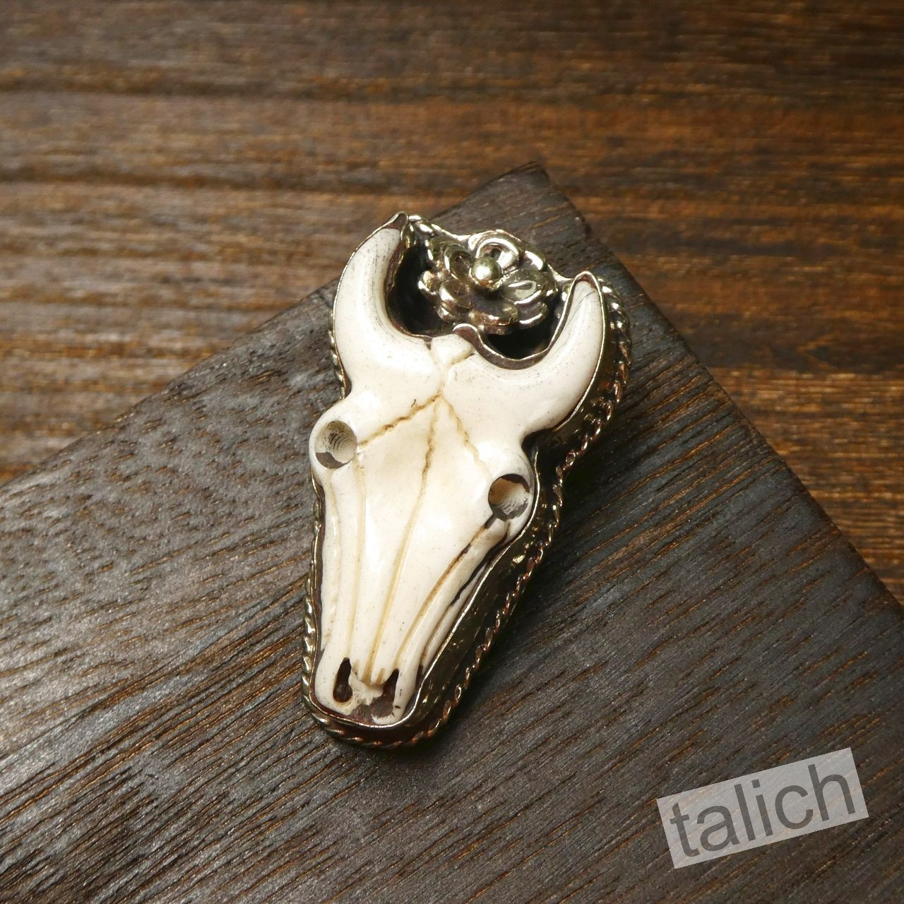 Hand Carved Buffalo Bone Bull Skull Floral Pendant Ethnic Western Boho Unique