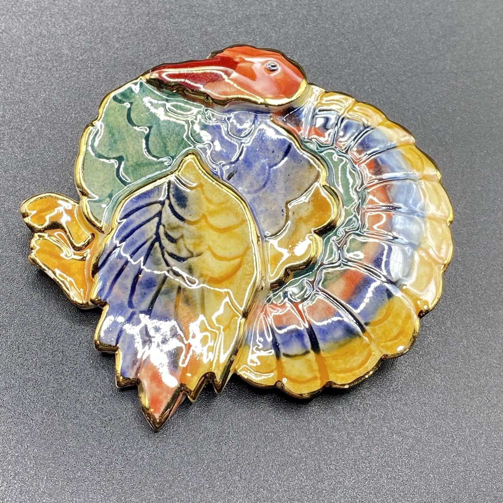 Large Handmade Thanksgiving Enamel Ceramic Turkey Brooch