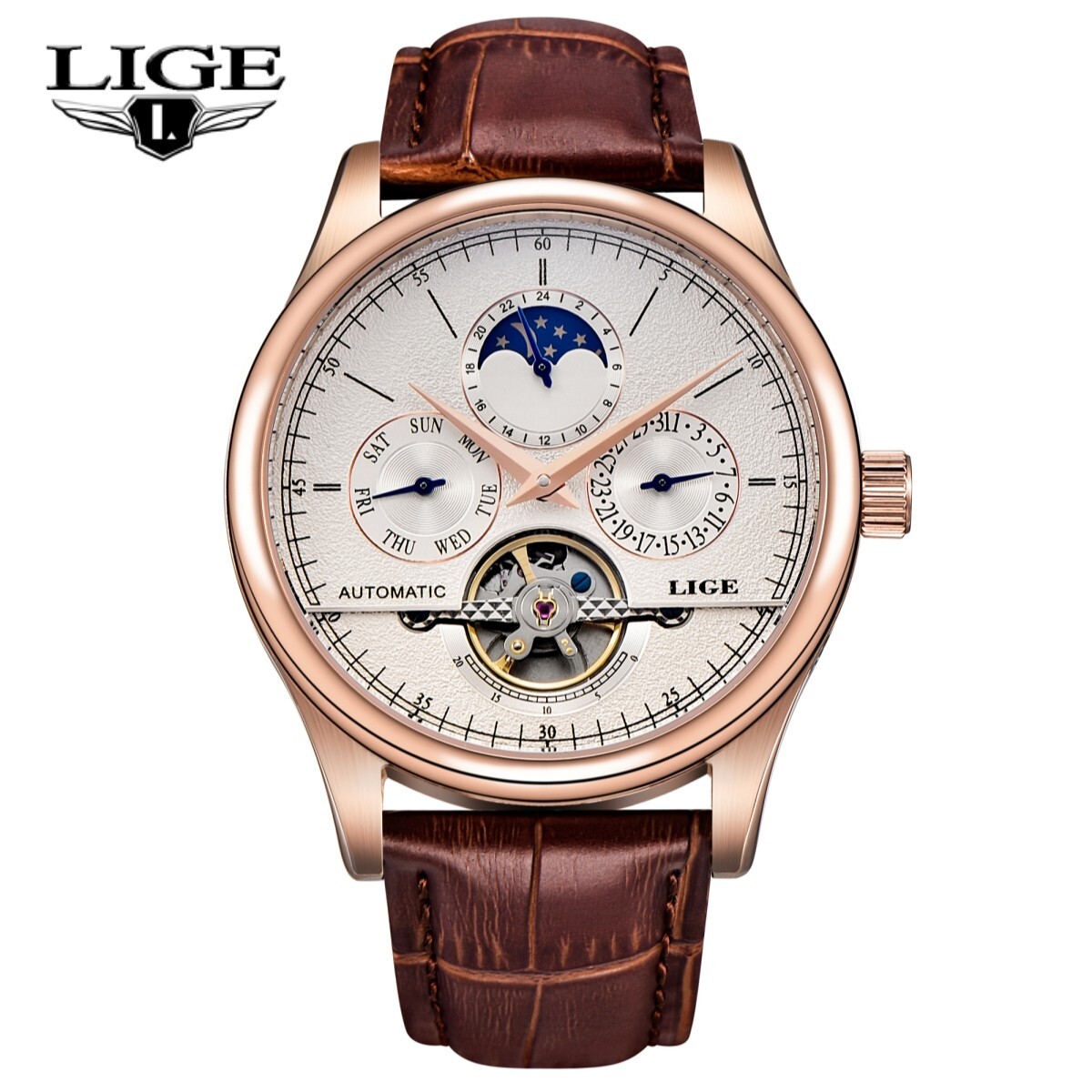 LIGE Men Watch Automatic Mechanical Moon phases Date Week Dial Casual Wristwatch