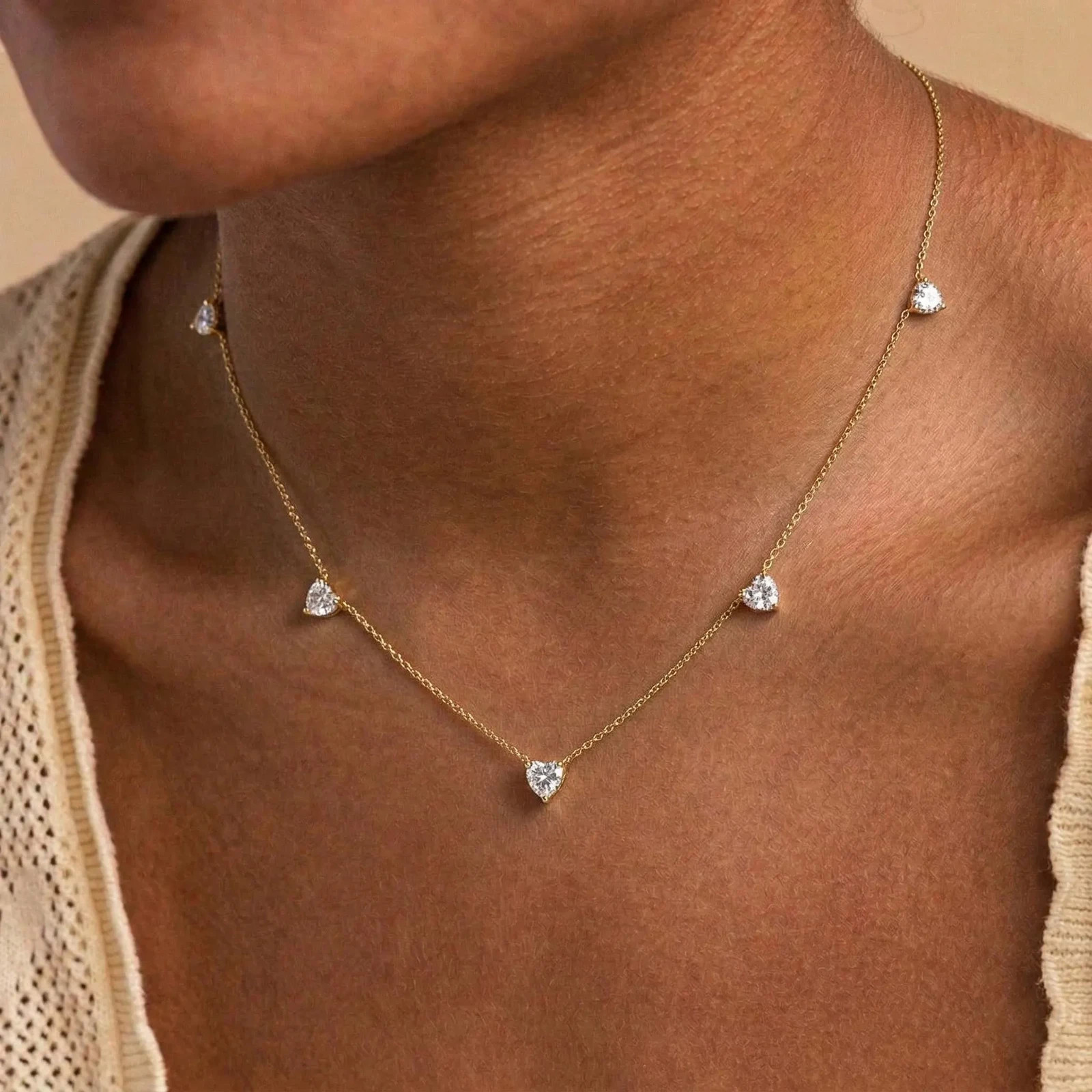 Moissanite Station Necklace for Women, Yellow Gold Plated Heart Cut Chain