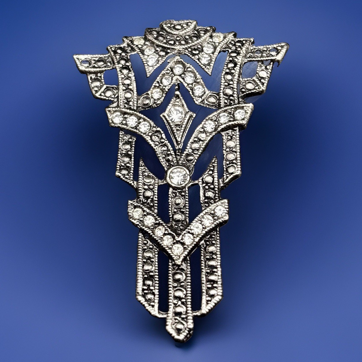 Vintage Art Deco Style Silver Tone Black Crystal Brooch Pin 1.75”