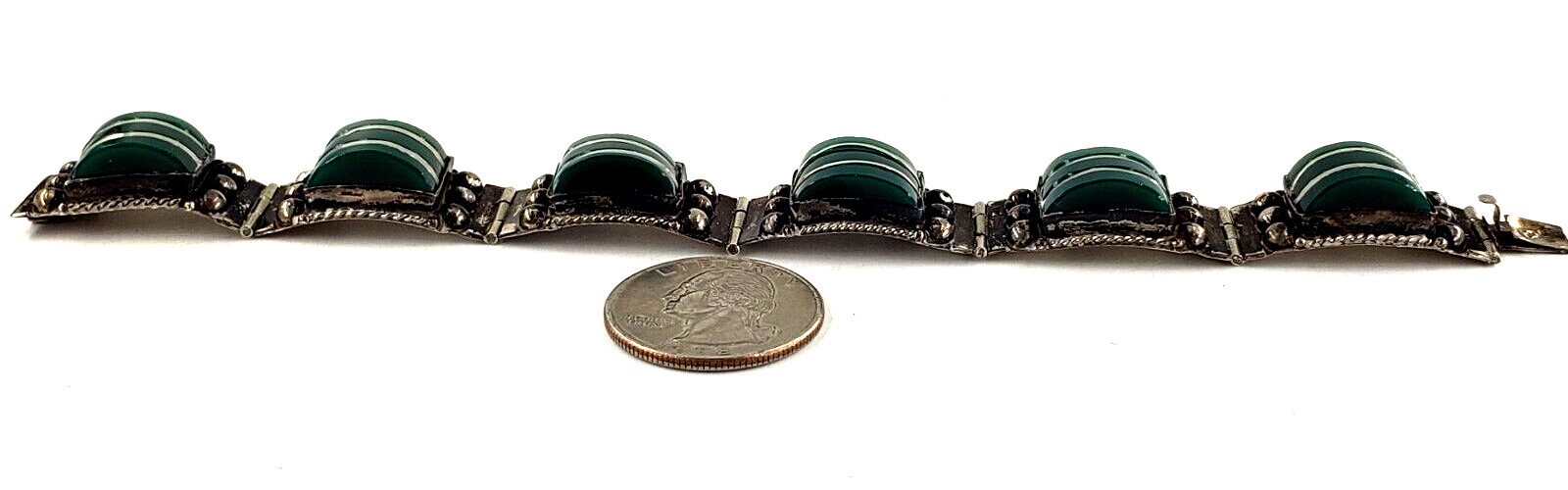 MEXICO DPD Sterling Silver Bracelet VIntage Green Onyx Panel Link 6.5 Inch Boho