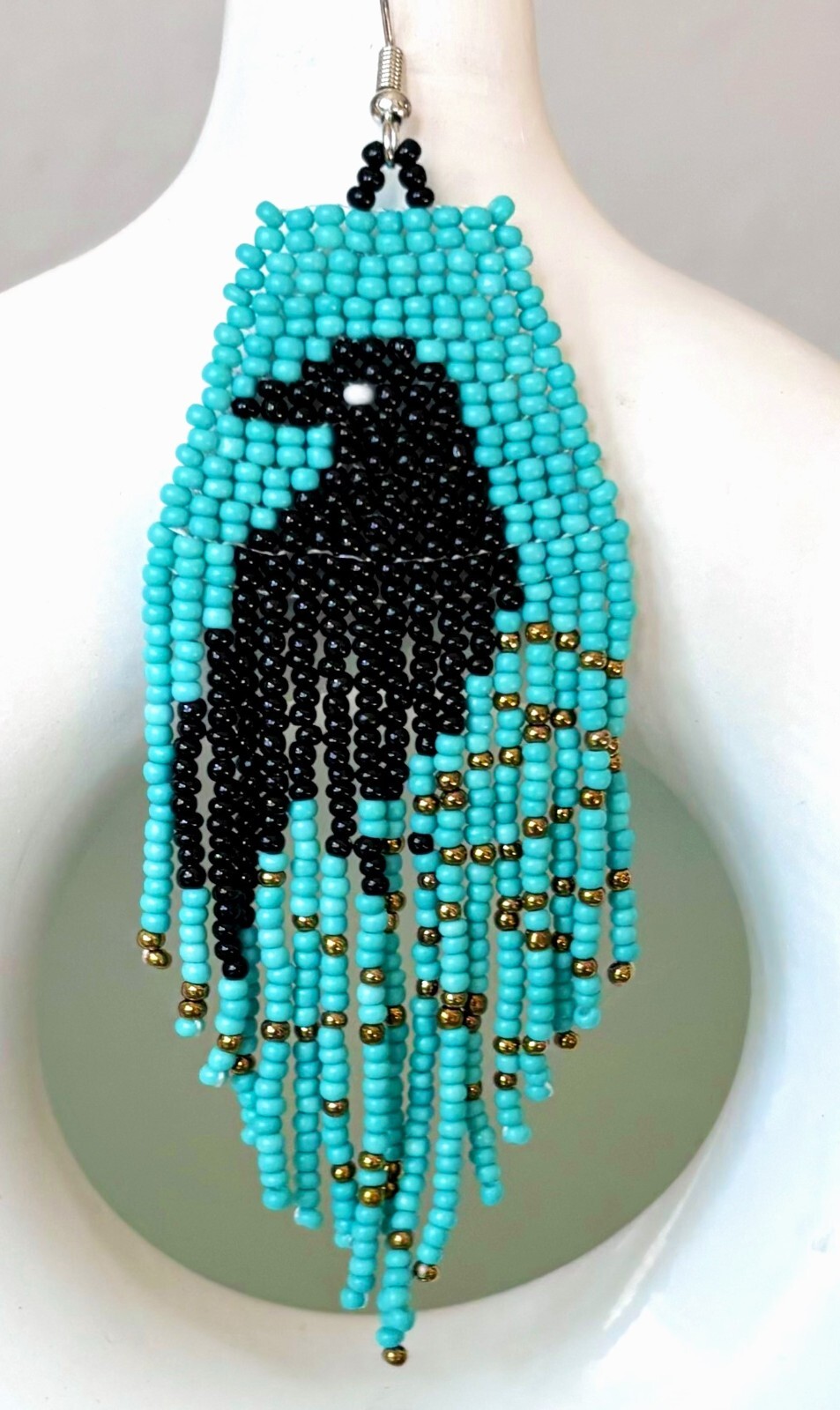 Hand Beaded Turquoise Black Ravens Crows Seed Bead Tasseled Dangle Earrings New