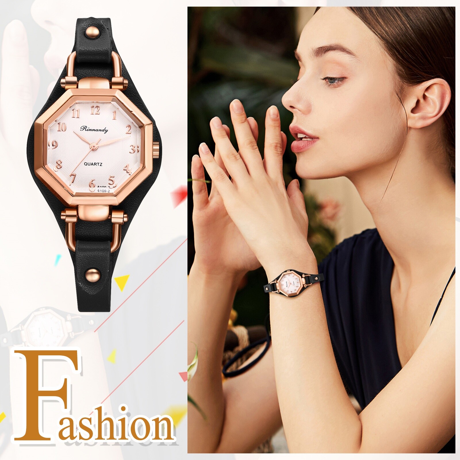 Women Retro Octagon Dial Design Quartz Slim Leather Band Ladies Dress WristWatch
