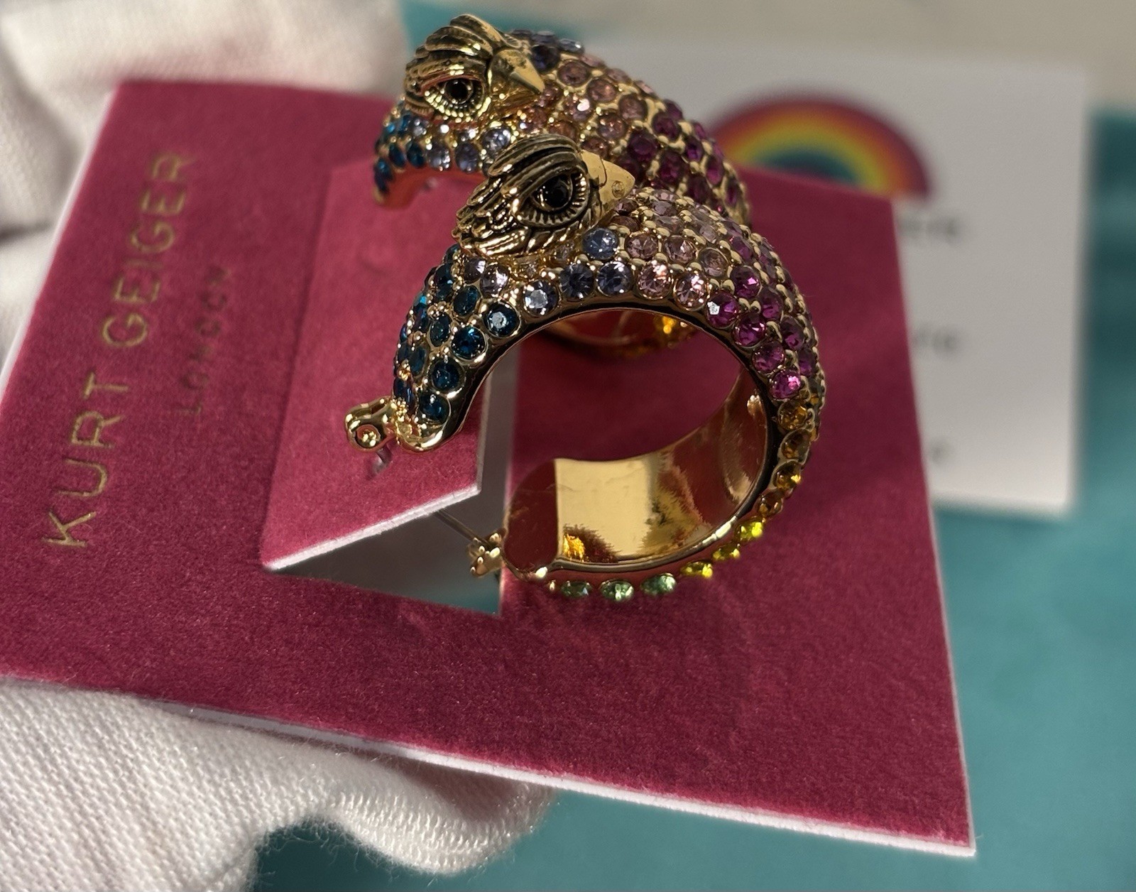 Kurt Geiger London Rainbow Crystal Eagle Hoop Earrings Gold Tone NWT