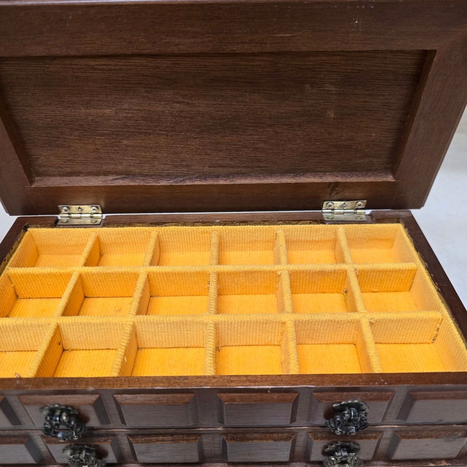Vintage Wooden Jewelry Box Chest Mustard Yellow Corduroy Lining 2 Tier Organizer