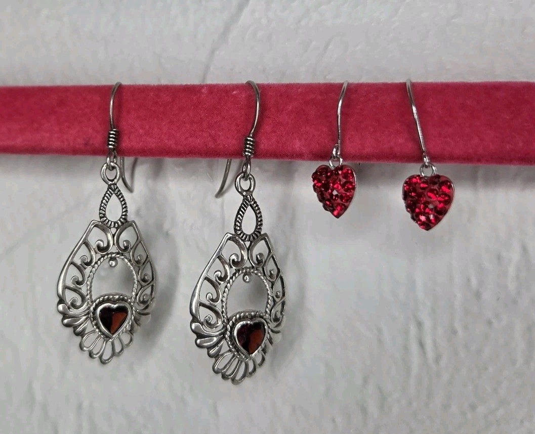 Sterling 925 Silver Stamped Earrings Set Bundle Heart Crystal Garnet Red Dangly