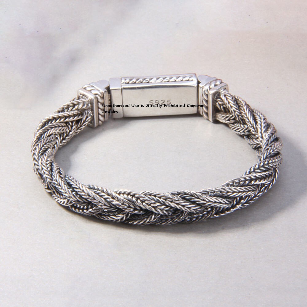 Pure S925 Sterling Silver Chain 10mm Braided Foxtial Link Bracelet 7.1-8.3inch