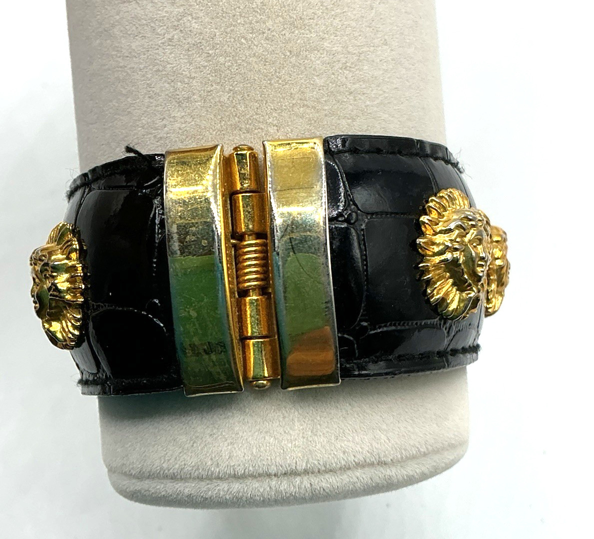 Vintage Black Patent Leather Gold Tone Medusa Accents Hinged Clamper Bracelet
