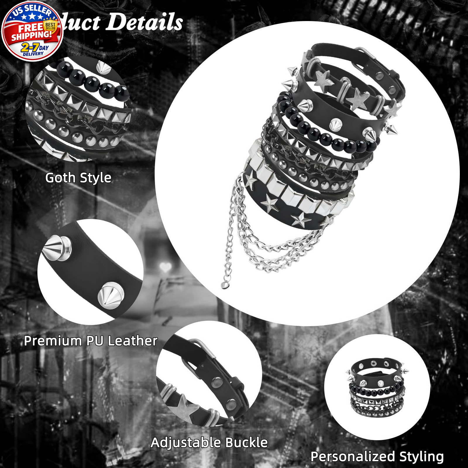 Emo Bracelets Punk Rock Studded Bracelet for Women Men Goth Leather Bracelet US.