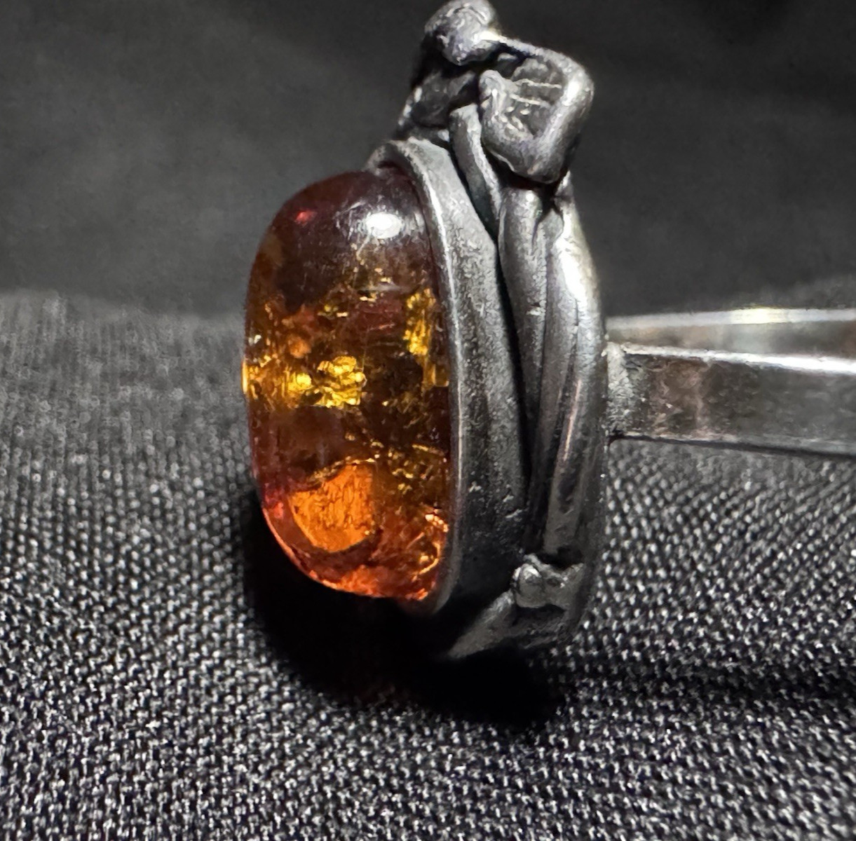 Vintage Sterling Silver Cognac Baltic Amber Ring Organic Leaf Setting Size 8