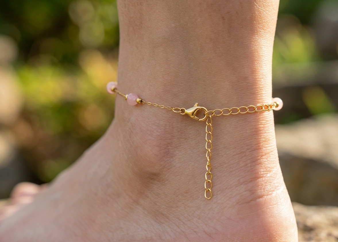 Elegant Gold Color Plated Pink Tourmaline Beaded Anklet | Minimalist Brass Chain