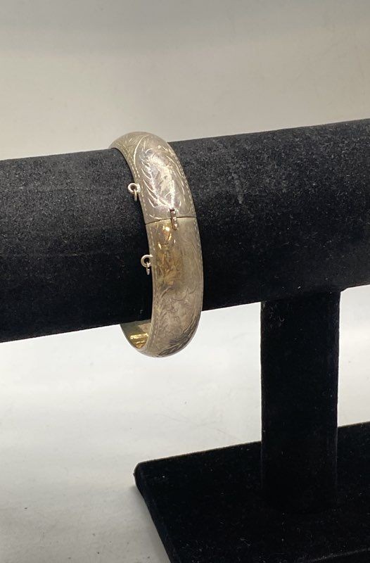 Sterling Silver 925 Engraved Floral Hinged Bangle Bracelet 7″ Vintage 22.4g