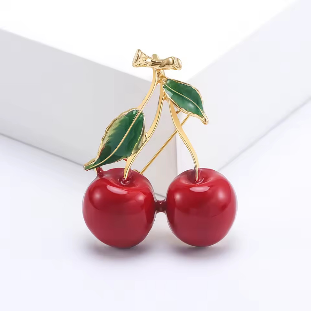 Vintage Style Red Enamel Cherry Brooch Pin Fruit Gold Tone Plant Jewelry Gift