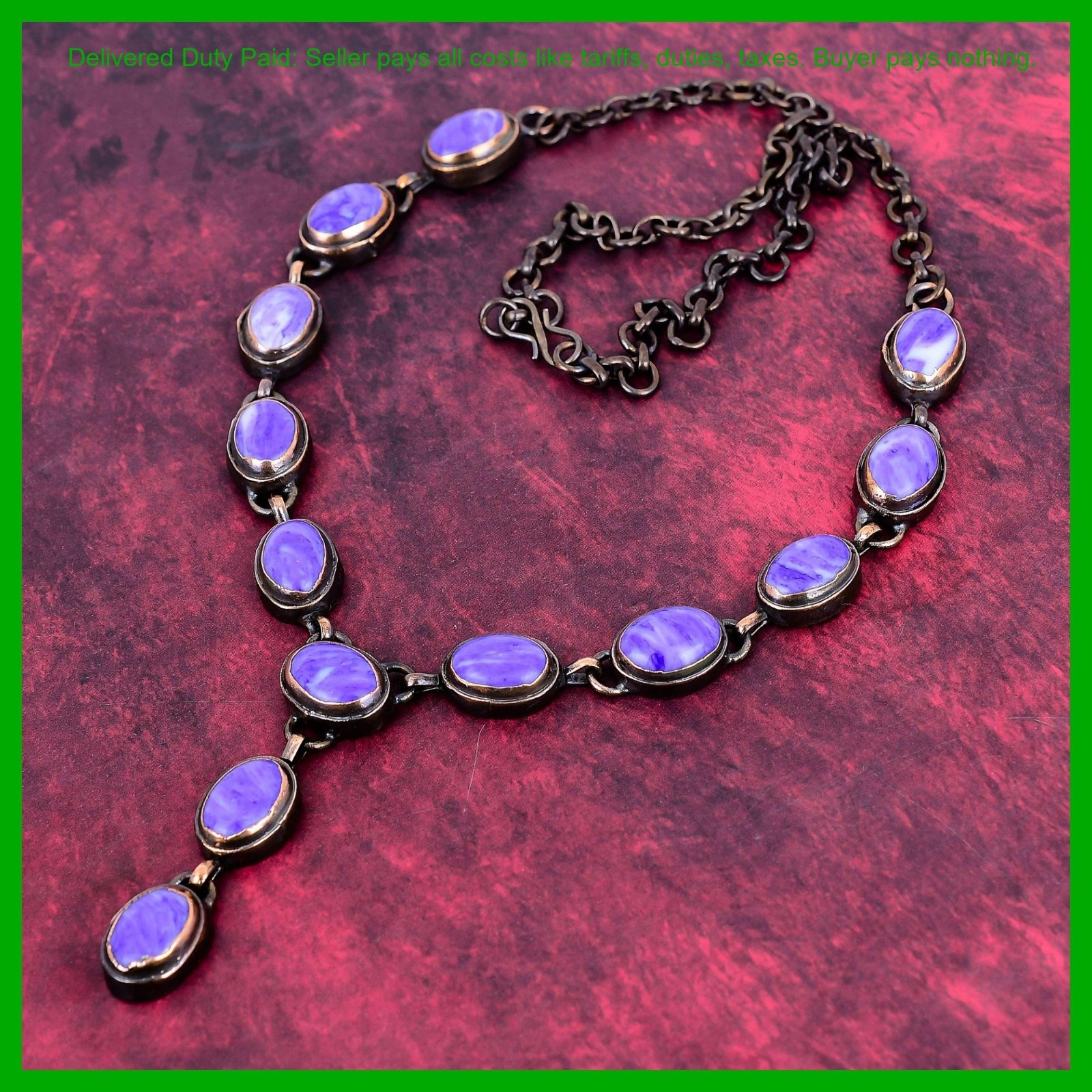 Valentines Sale Charoite Stone Electroformed Bezel Chain Necklace Jewelry Copper