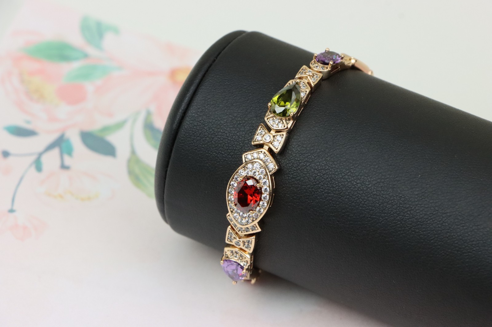 Rose Gold Bracelet with Multicolor Stones & Diamond Halo Accents, XPBL0670