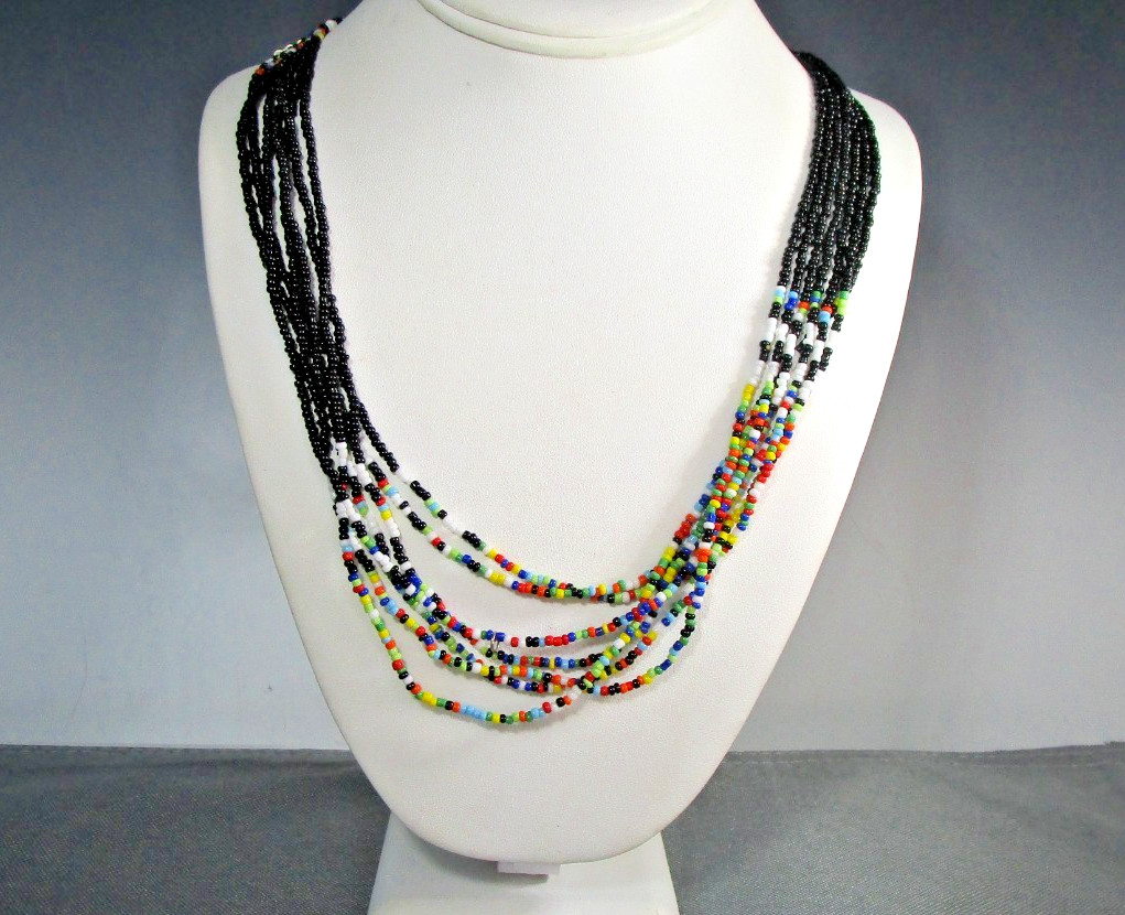 Southwestern 7 Stand Micro Multi Color Black Seed Bead Boho Necklace 28″