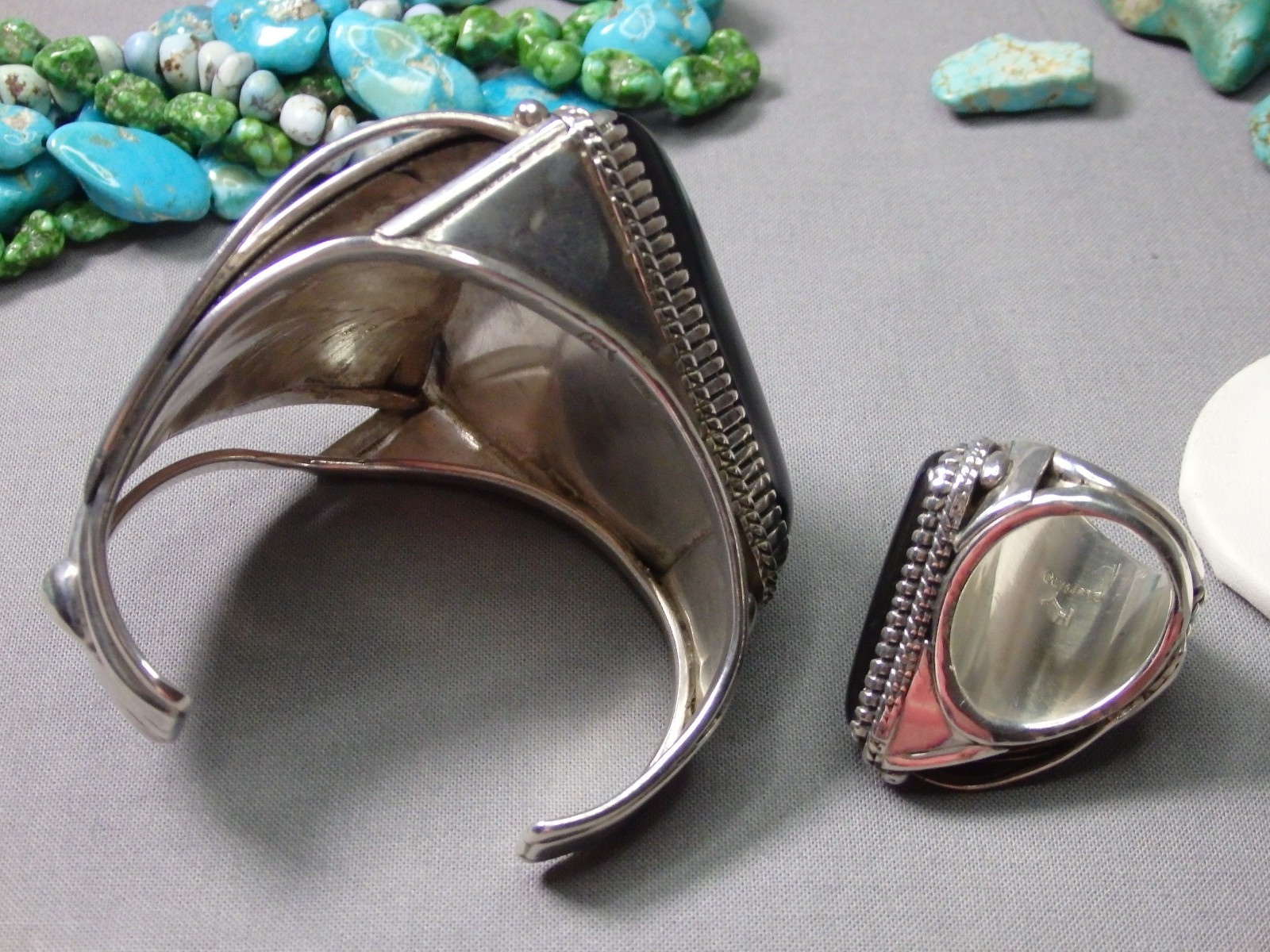 NAVAJO Yazzie Black ONYX Sterling Silver 114g 7″size Cuff & 36g Ring sz8.5 RARE