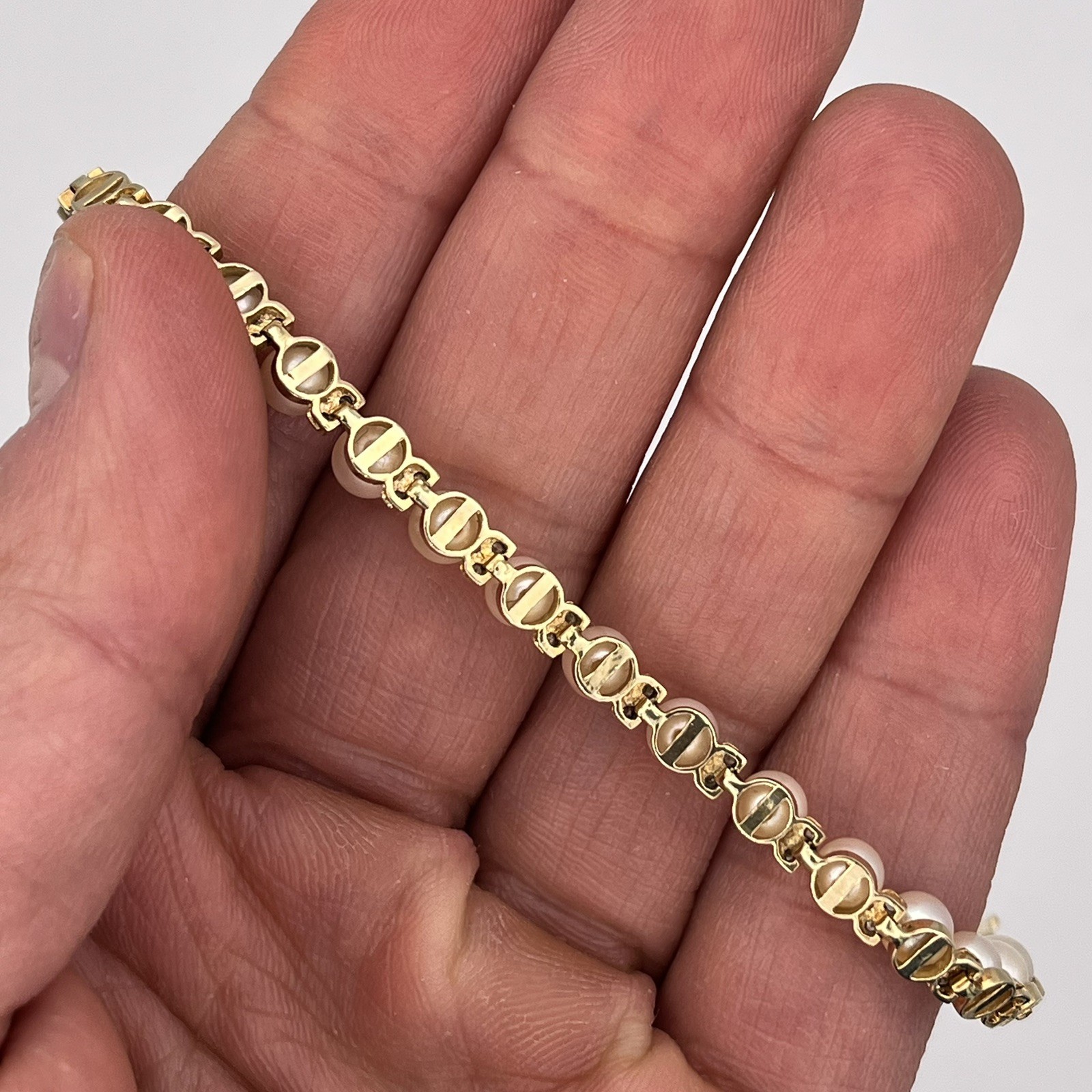 14k Yellow Gold Ladies 4.7mm Pearl & Diamond Tennis Bracelet w Lobster Clasp 7″