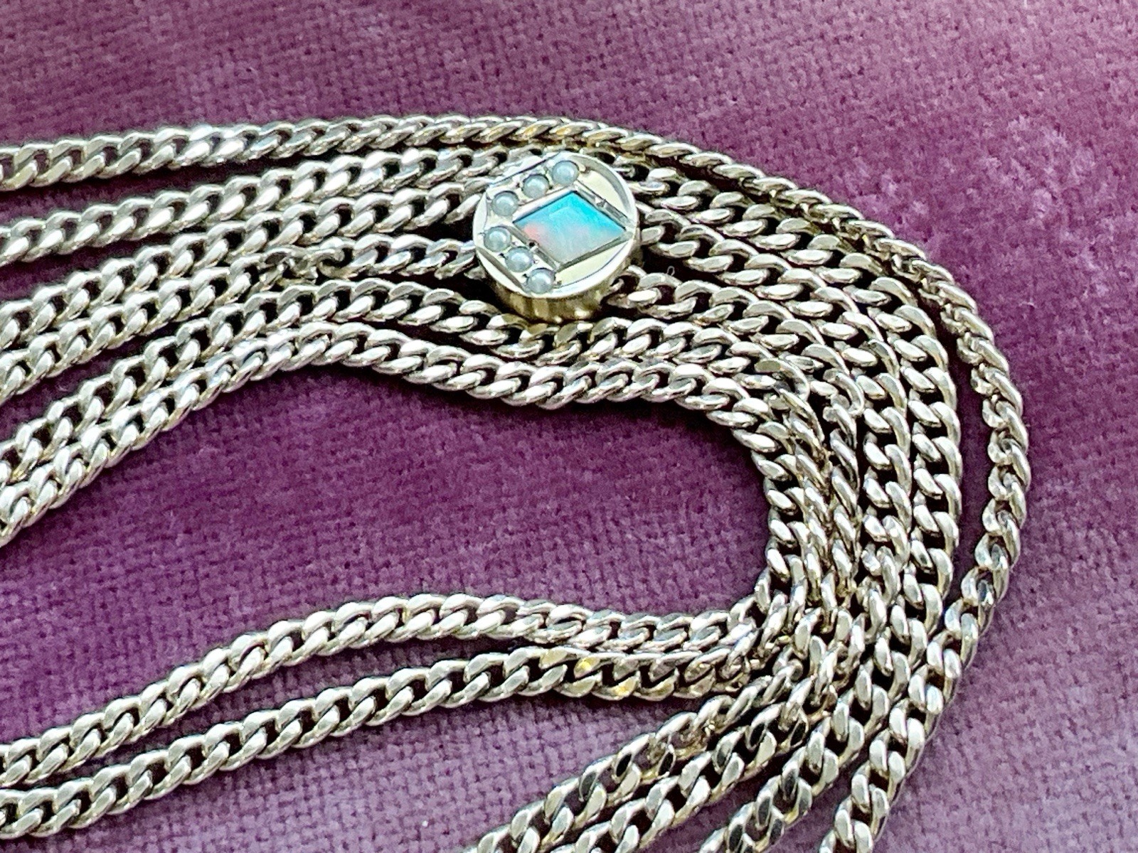 Antique Gold Filled Slide & Chain for Watch, Locket, Pendant with Opal & Pearls