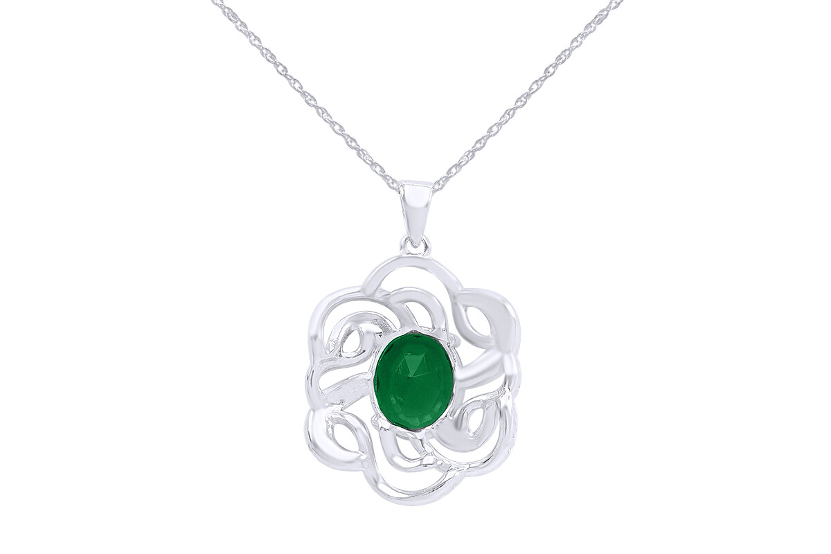 Emerald & CZ Flower Pendant Earrings Ring Set 14K White Gold Plated Silver