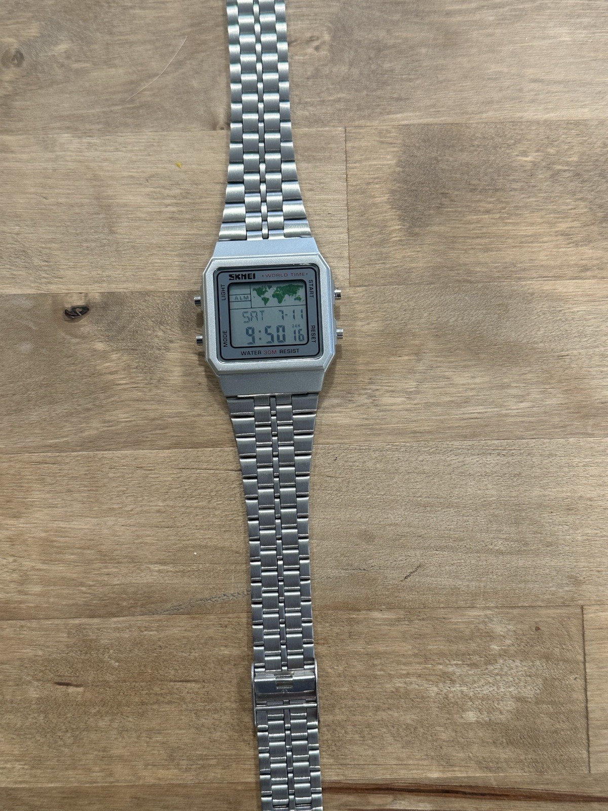World Time Retro Vintage Style Digital Watch, Skmei– Silver Stainless Steel LCD