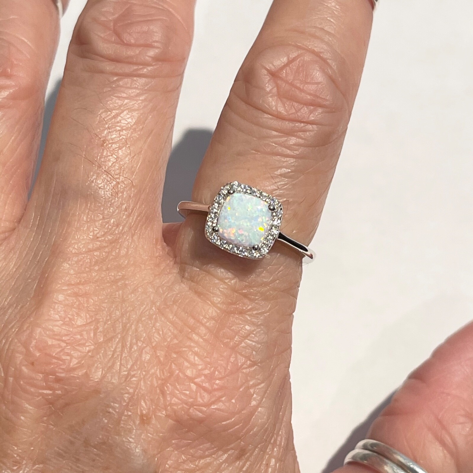 Sterling Silver Square White Lab Opal Ring, Silver Rings, CZ Ring, Wedding Ring