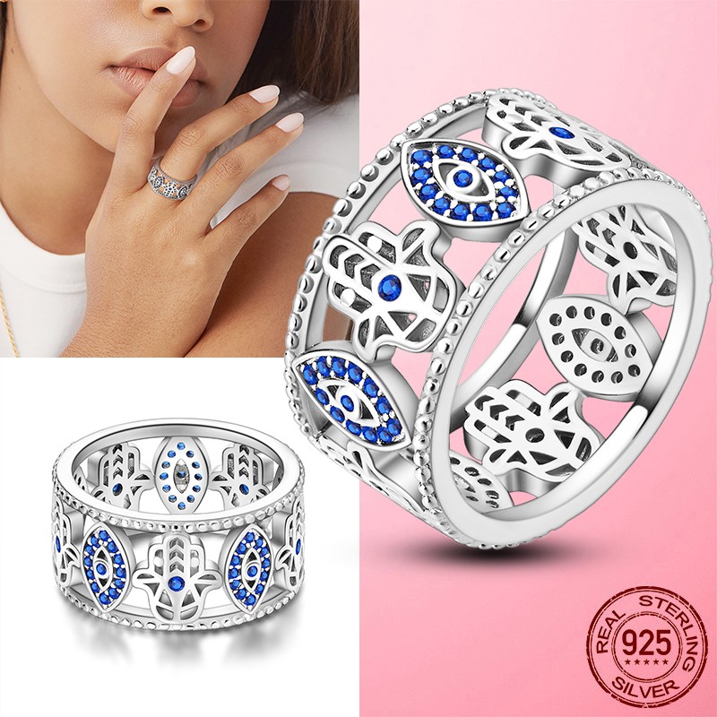 LAZA New 925 Sterling Silver Blue Eye Palms Heart Wide Finger Ring Women Jewelry