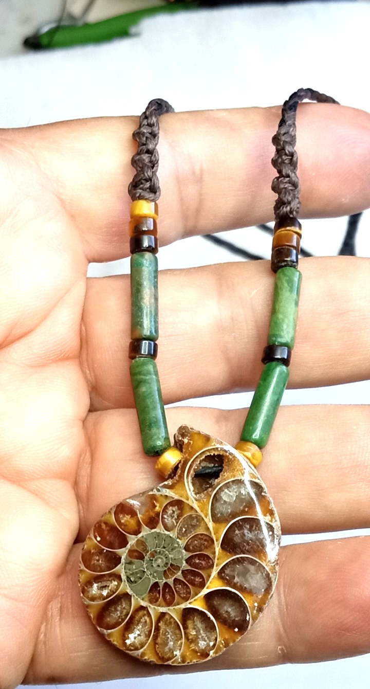 Fossil Ammonite With Nephrite beads Adjustable and Hand Braided Necklace