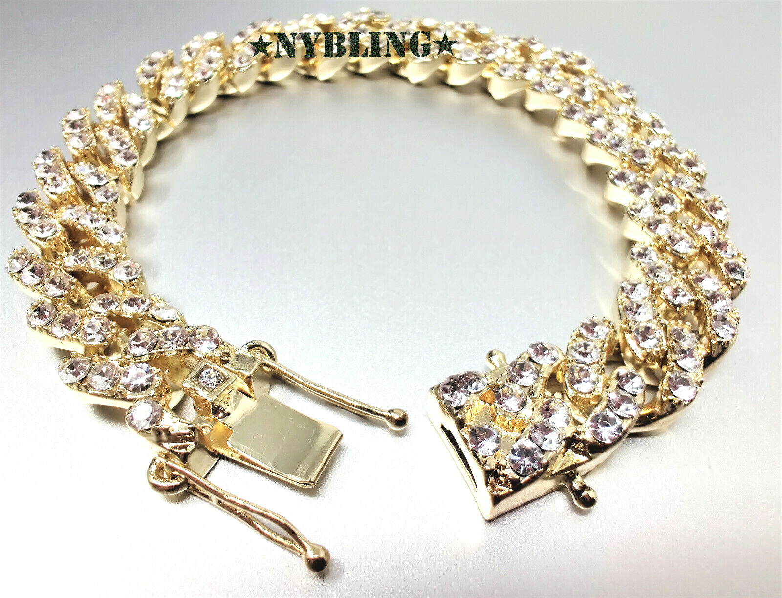 Miami Cuban Bracelet w CZ stones Men Hip Hop Gold Plated CZ Jewelry 7.5″ to 9.5″