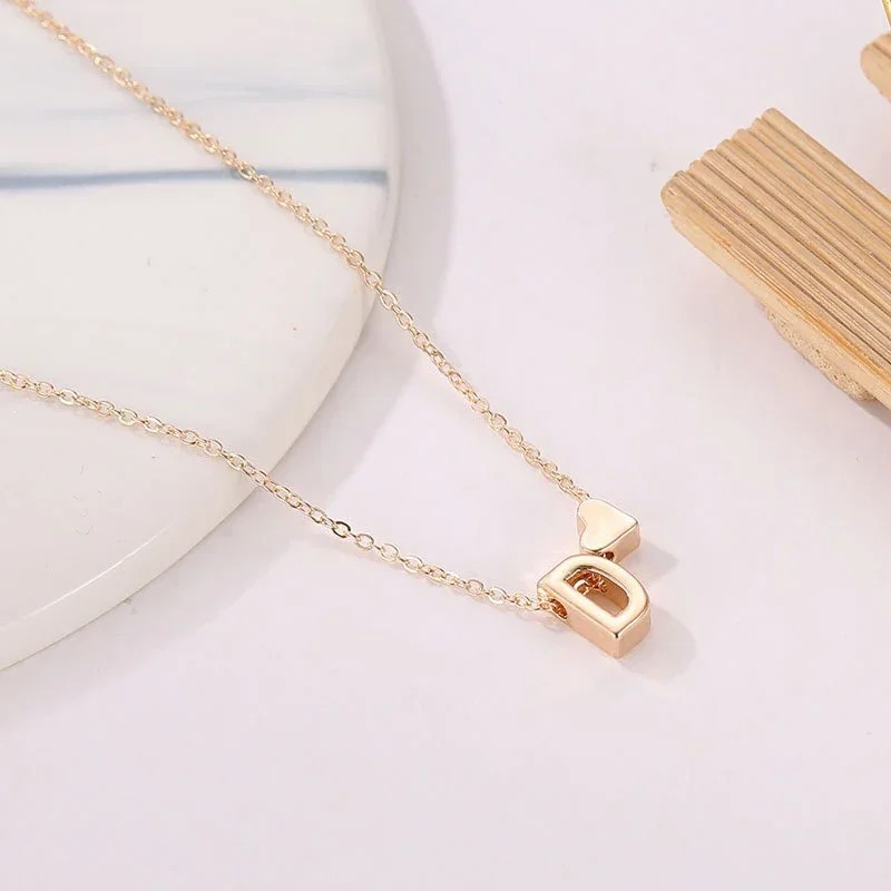 Tiny Heart Initial Necklace Gold/Silver Letter Pendant Choker for Women