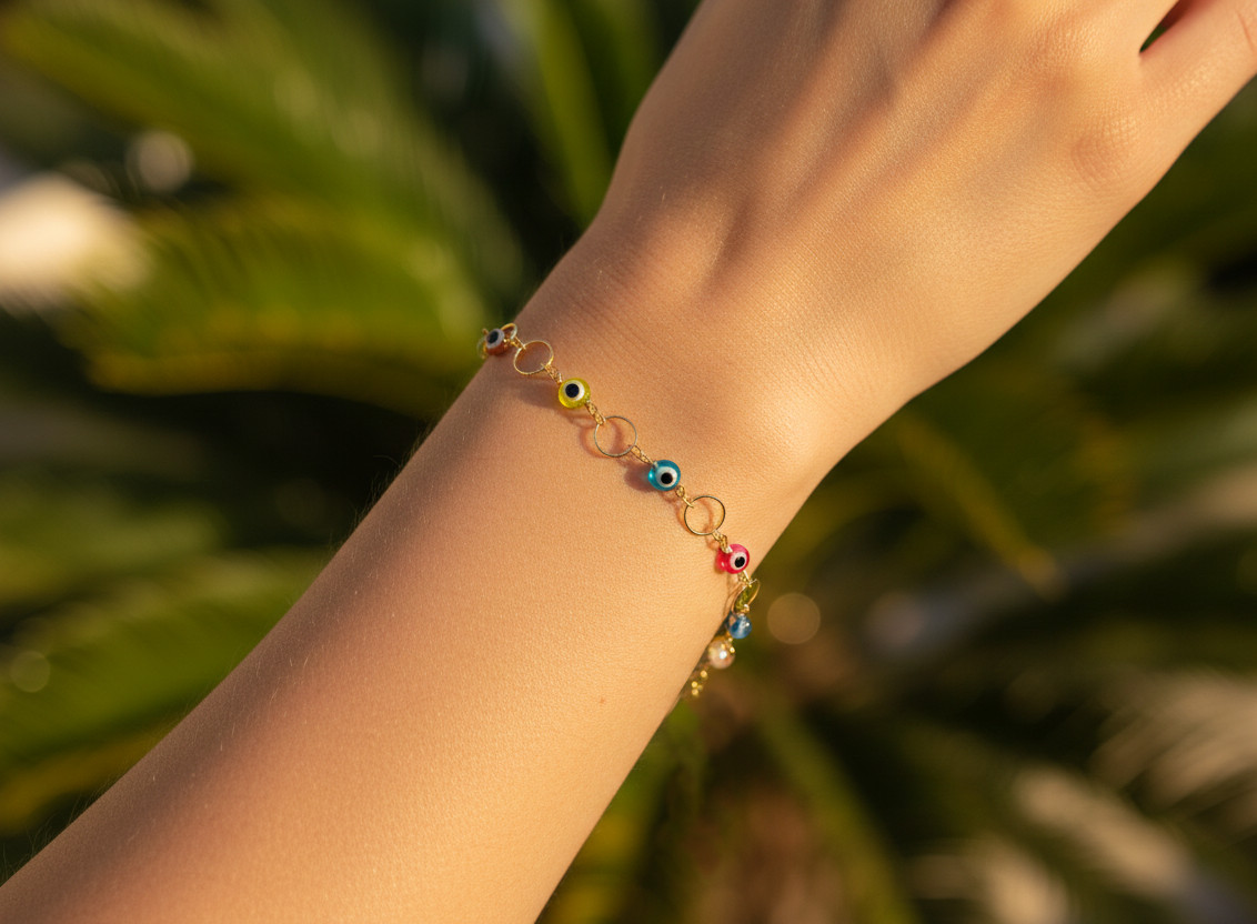 Chic Multi-Color Evil Eye Bracelet Gold Plated Beaded Link Chain Trendy Jewelry