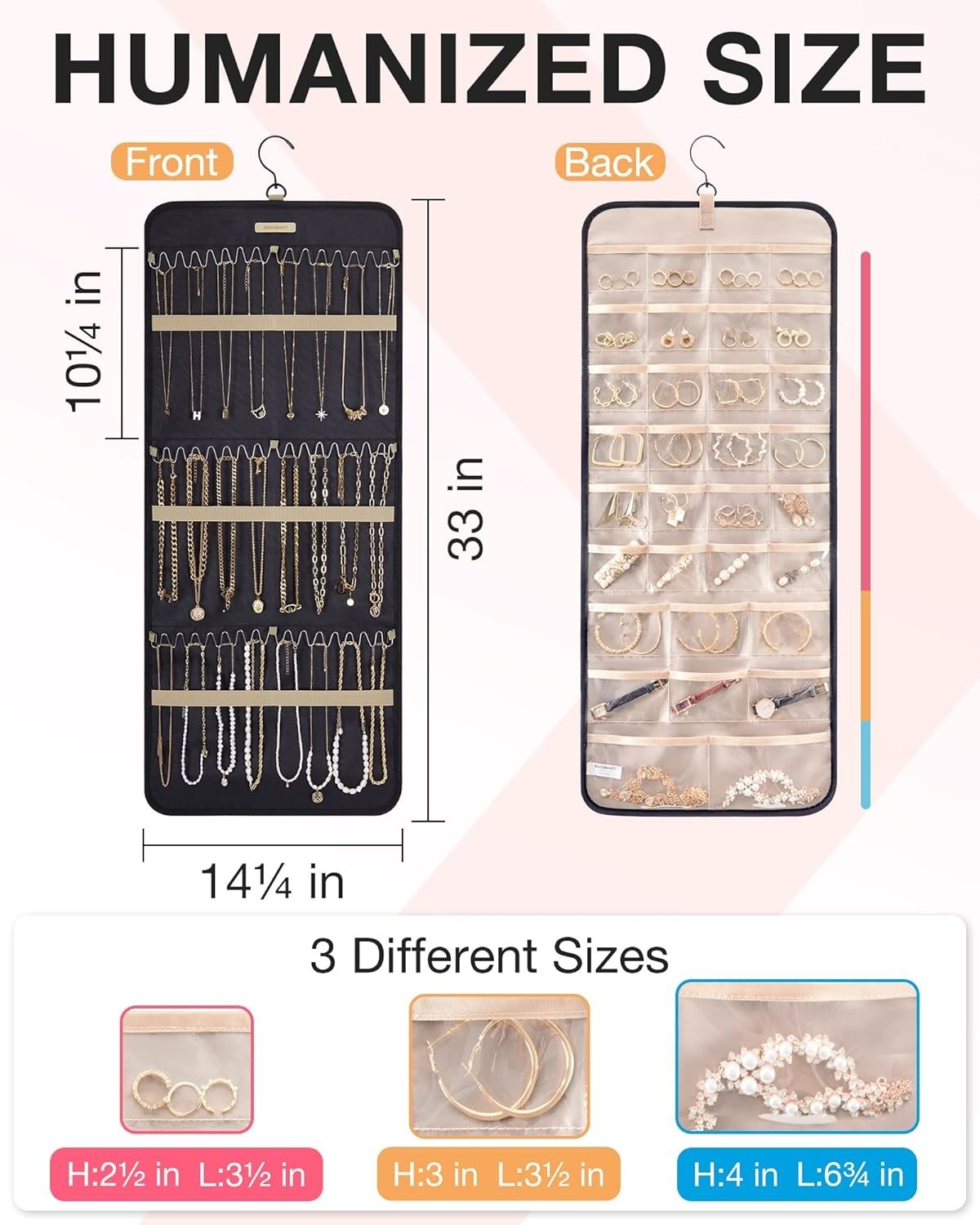 Hanging Jewelry Organizer Storage Roll with Metal Hooks Double-Sided for