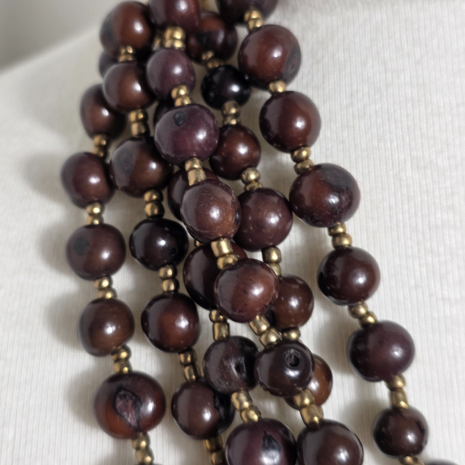 Multi-Strand Brown Acai Seed Bead Necklace with Gold Seed Bead Spacers