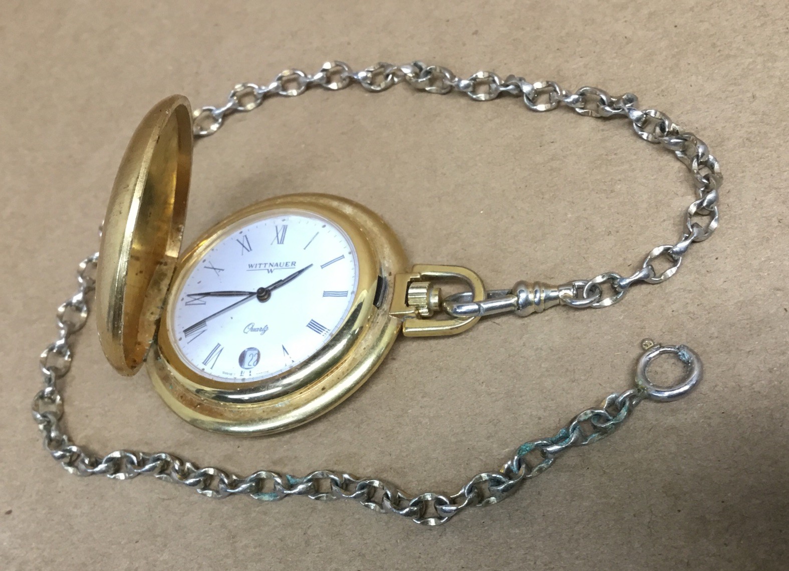 Vintage Wittnauer Pocket Watch Quartz One Jewel Swiss Gold Tone PARTS…………[B39]