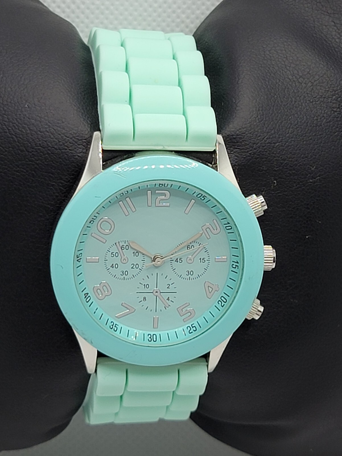 Ladies Darice Silver Tone Mint Green Poly Band Analog Watch F9