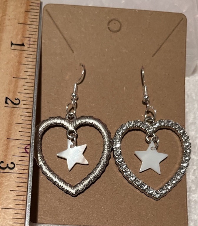 Antique Silver Open Heart Charm w/Crystals & Mother of Pearl Star Earrings NEW