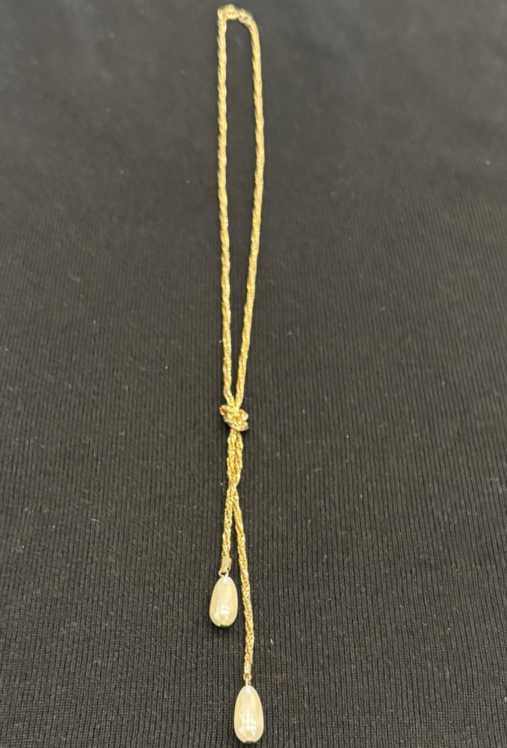 Gold Tone Rope Chain Tassel Necklace w/ 2 White Teardrop Pearl Dangles