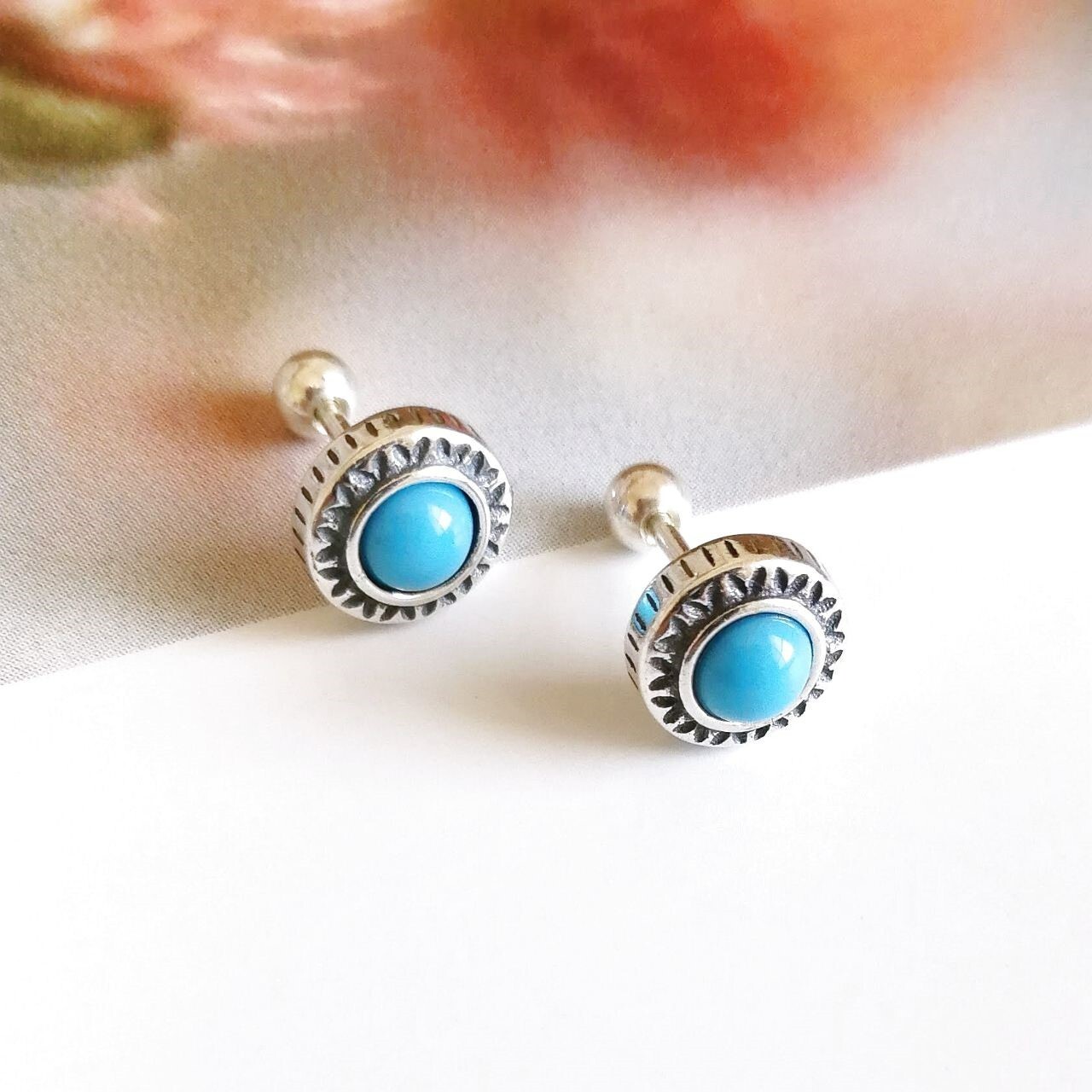 925 Sterling Silver Tiny Blue Turquoise Screw Back Ball Double Sided Earrings