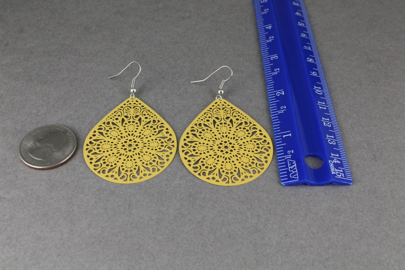 mustard yellow earrings teardrop dangle VERY lightweight oval filigree 2.5″ long